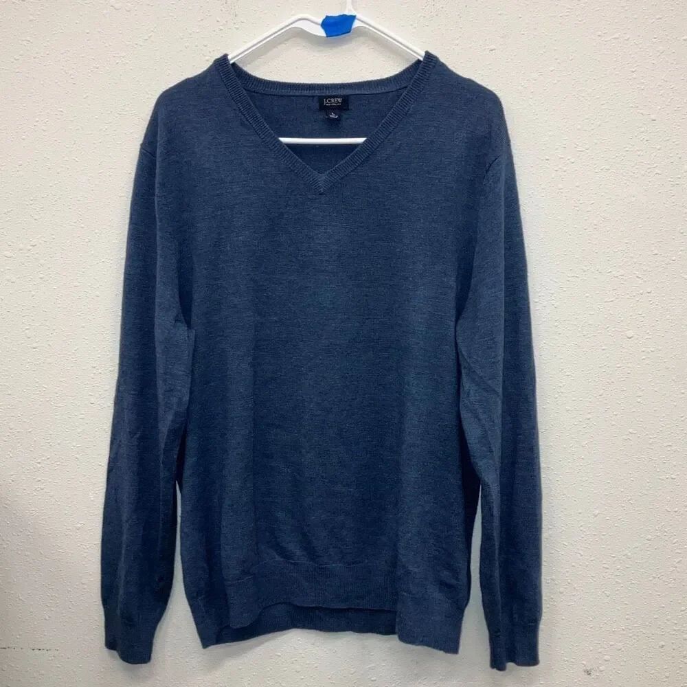 J. Crew Blue V-neck Tight Knit Sweater 100% merino wool Large #712